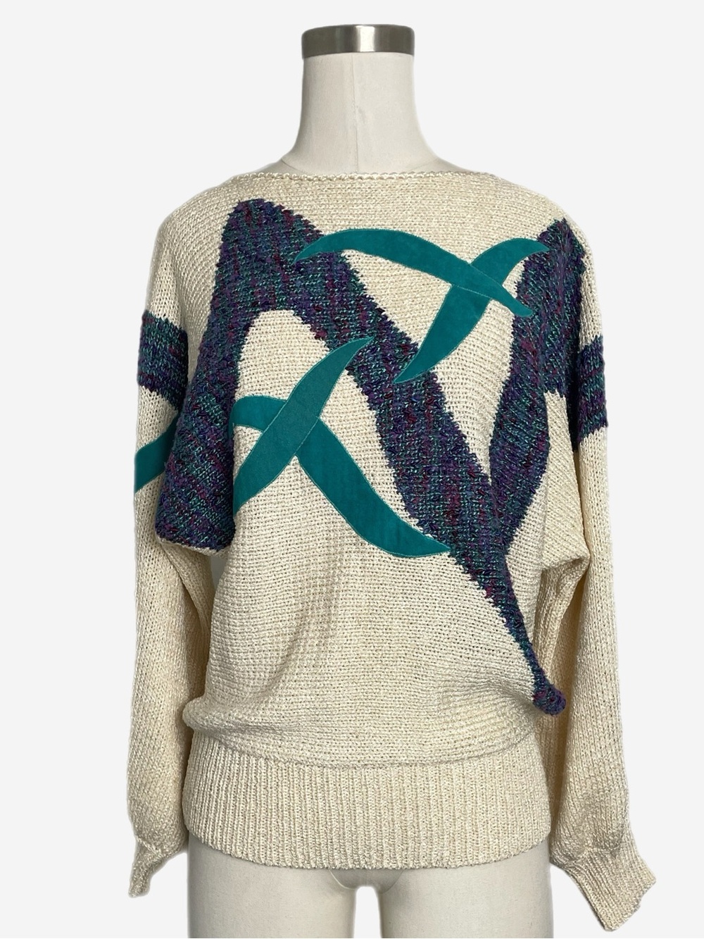 Vintage 80s/90s Ms Kipps cream knit color block abstract sweater artsy retro S/M